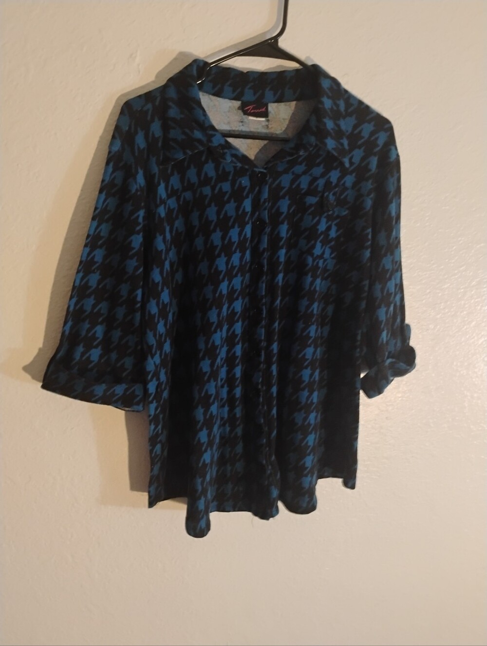 Torrid Blue and Black Houndstooth Button-Front Blouse